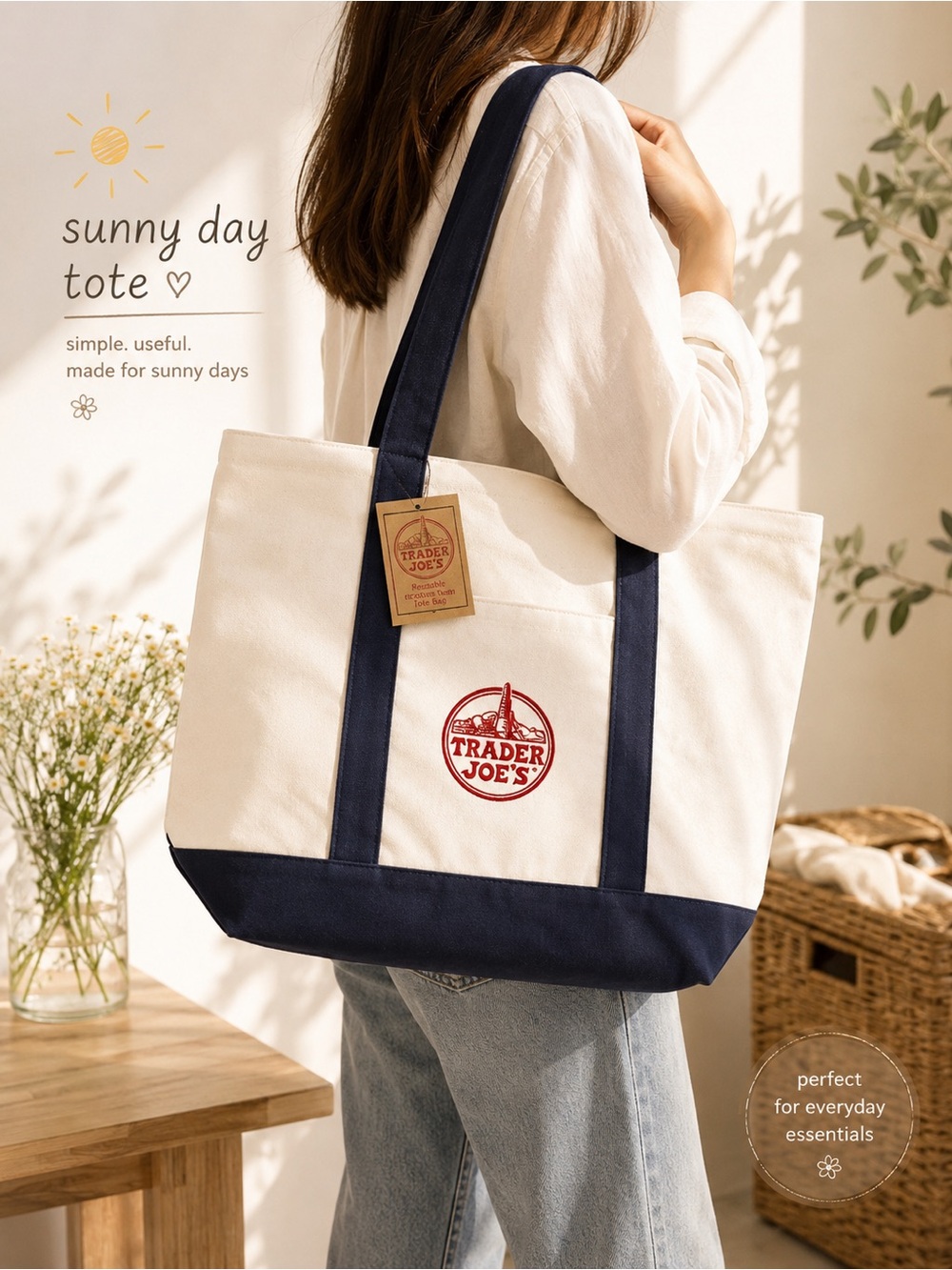 NWT Trader Joe’s Large Reusable Cotton Canvas Tote Bag Navy & Natural